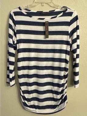 NWT Emily Blu Women's Blue & White Striped Shirt Long Sleeves Boat Neck Sz Large
